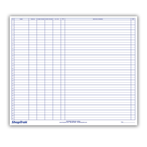 Paper form for tracking car repair appointments with columns to track customer name, vehicle info, RO number, services ordered, and time out.