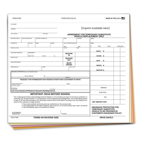 Substitute  Vehicle Agreement 4 Part Form, Customized With Your Info