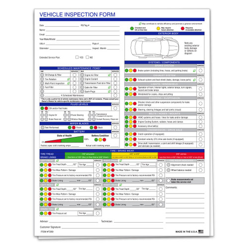 Vehicle inspection checklist for examining and inspecting cars prior to service