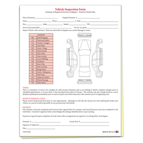 Vehicle inspection checklist for examining and inspecting cars prior to service