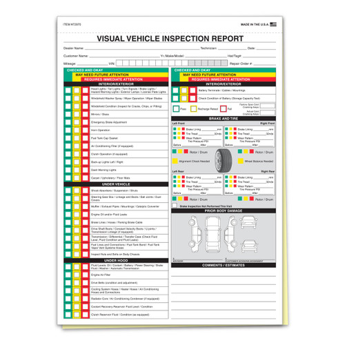 Vehicle inspection checklist for examining and inspecting cars prior to service
