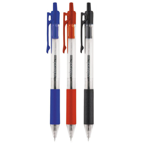 Universal brand, retractable ballpoint pens, comes in colors black, blue, and red.