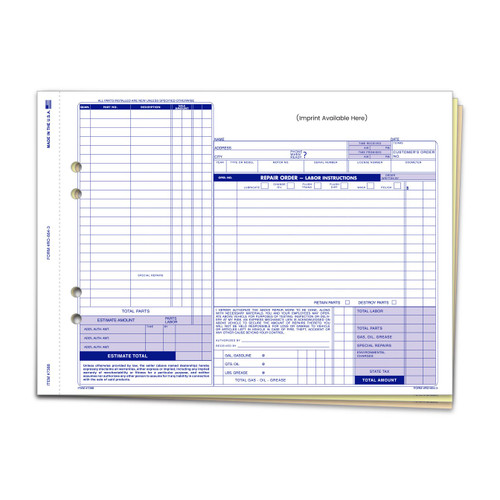 Repair order form customized with your company info and/or logo