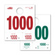 White service hang tag with red numbering on front and green numbering on back, numbered 1000 to 1999