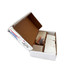Open box of static cling oil change stickers neatly stacked in rows.