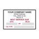 Custom service reminder sticker displaying company info at the top, NEXT SERVICE DUE message in the center with write-on areas for DATE, MILES, and OIL TYPE.
