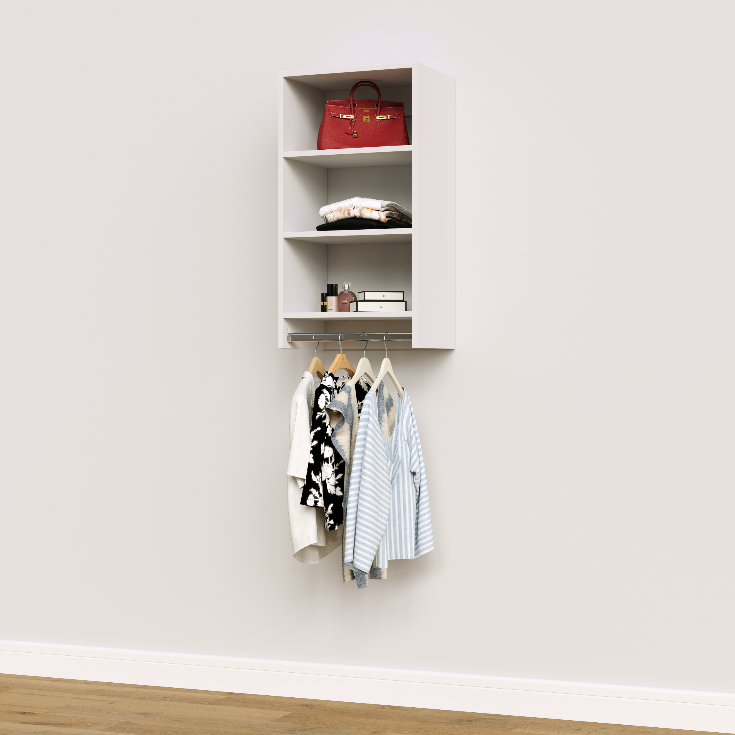 Vista Medium Hanging — White, with folded clothes (Mod-U-Luxe Couture LHW24 stand-in)