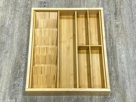 DOKIT-Milan (Installed) - Milan Drawer Organizer Kit (recommended for 12"-15" wide drawers - trim to fit) - Wood Component Tray Organizer (CTO10) with Divided Insert (DVI6) - 10" W x 19-5/8" D x 2-7/16" H - Bamboo