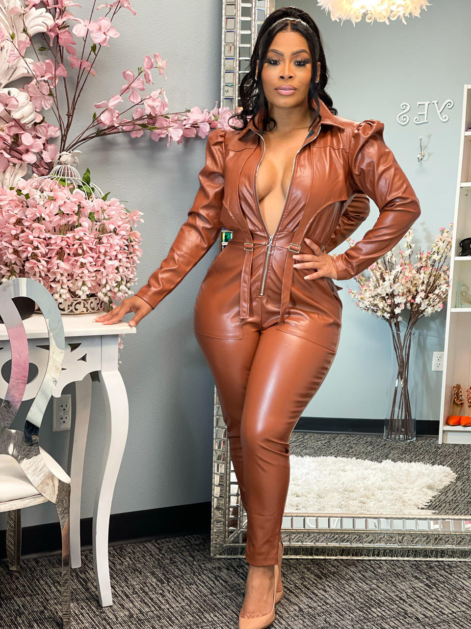 Amelia Leatherette Jumpsuit - Chestnut - House of Tinks