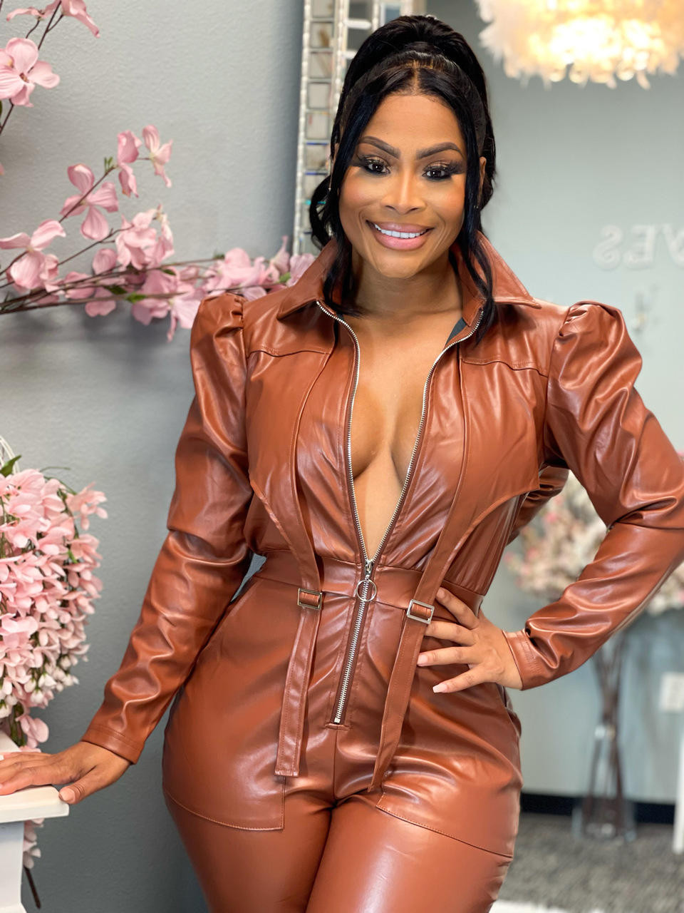 Amelia Leatherette Jumpsuit - Chestnut - House of Tinks
