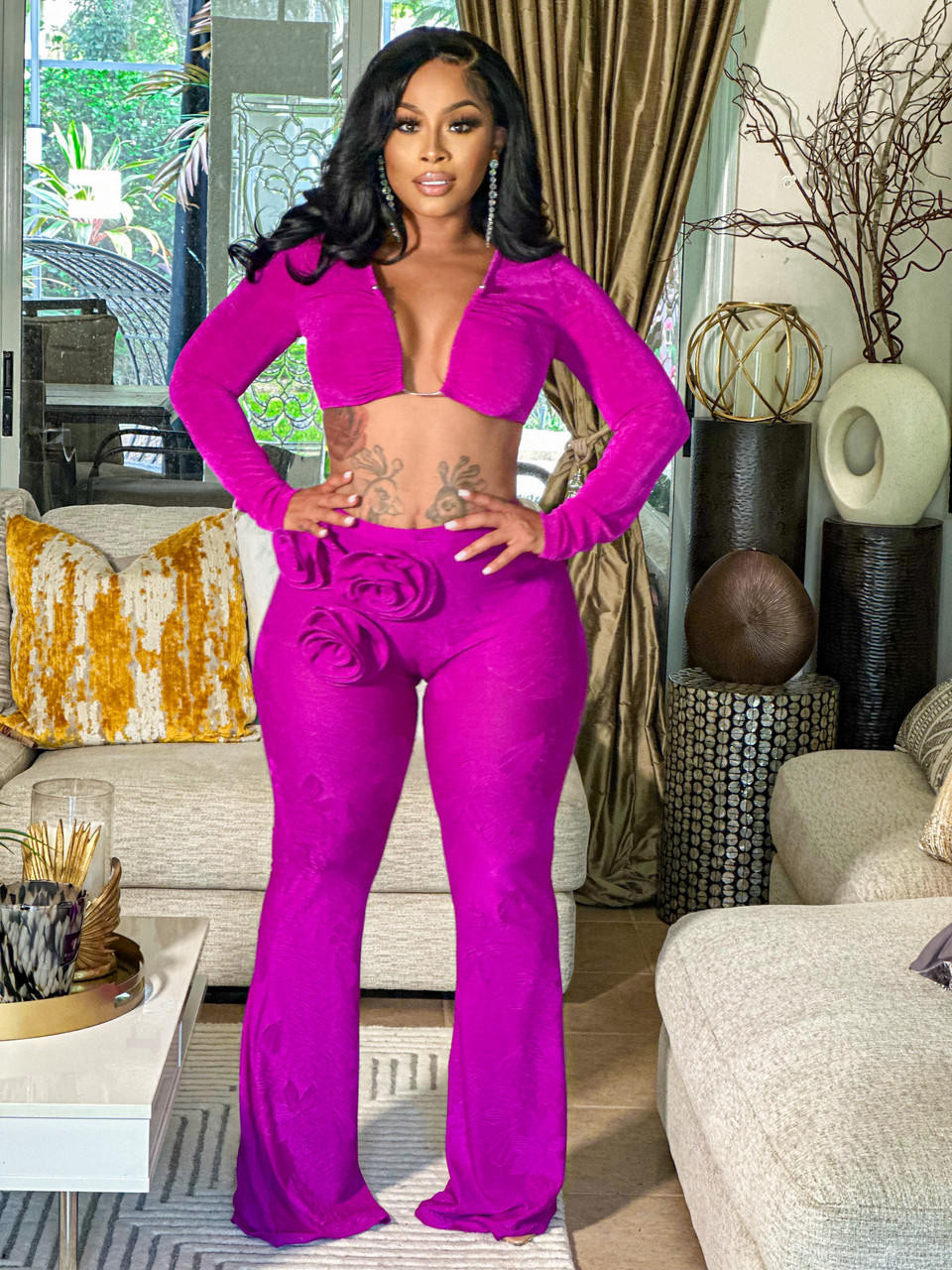 Rosalin Stretch Flare Pants Magenta - House of Tinks