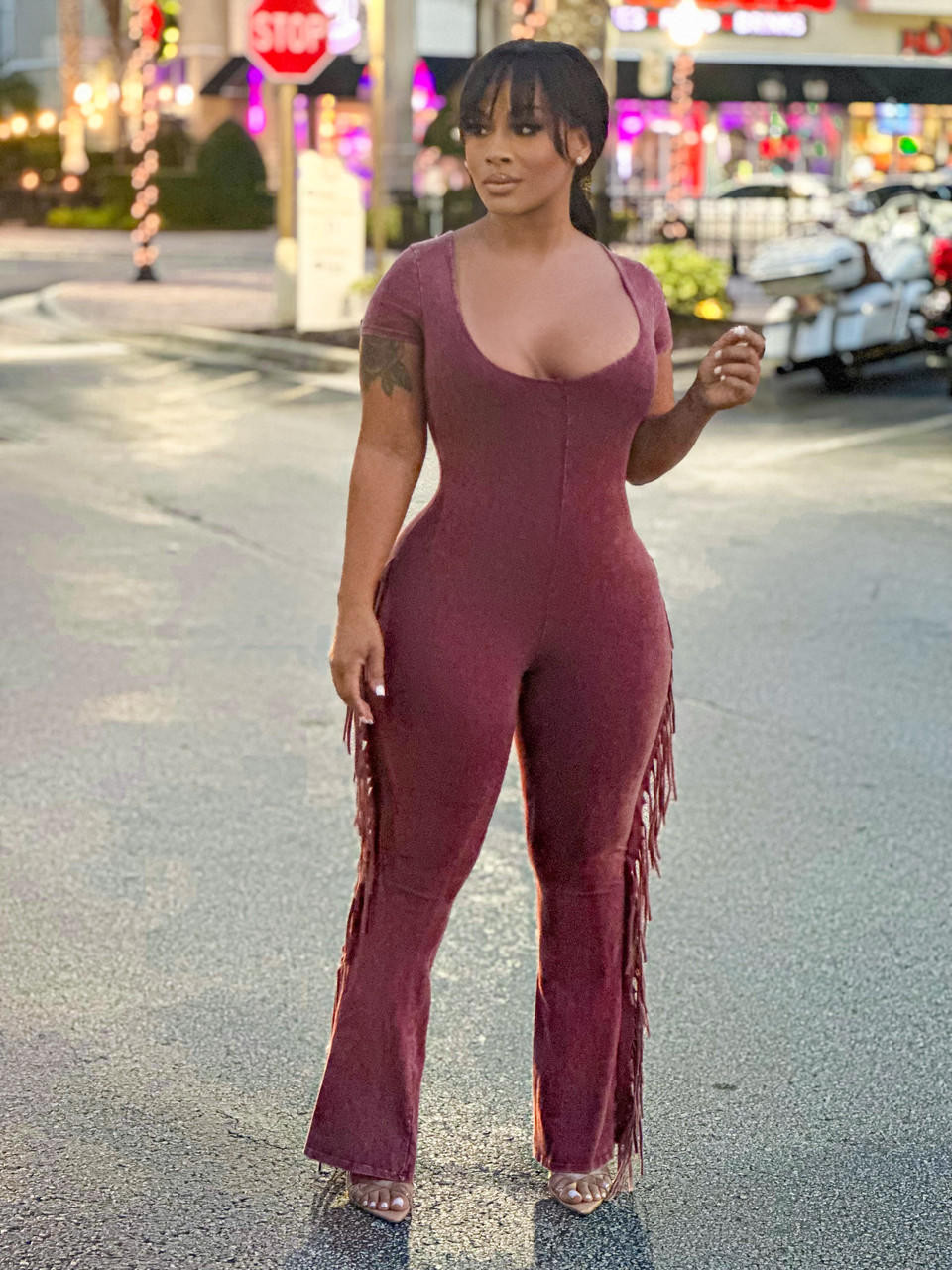 Octavia Fringe Jumpsuit Reg- Burgundy - House of Tinks