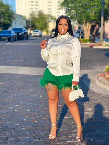 Feathered Denim Shorts Green