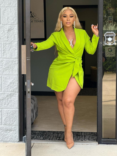 green emerald velvet dress Lime Button Front Belted Blazer Dress