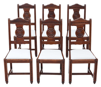 Antique quality set of 6 oak Art Nouveau dining chairs C1915