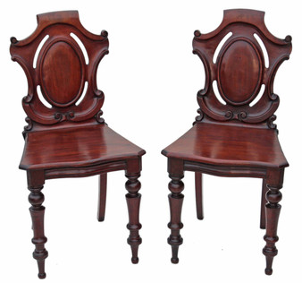 Antique pair of 19C Victorian carved mahogany hall side bedroom chairs