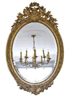 Antique 19th Century Large Oval Giltwood Wall / Overmantel Mirror – Decorative Gold Statement Frame (8748)