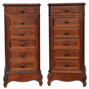Antique c.1910 Pair of Tall Parquetry Veneer Bedside Tables – Fine Quality Nightstands (8766)