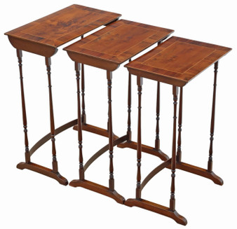 Antique 19th Century Mahogany Nest of 3 Tables – Yew Veneer Tops, Fine Quality