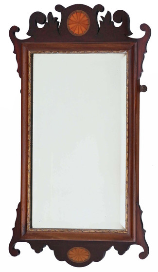 Antique Georgian revival inlaid mahogany fret cut wall mirror C1900