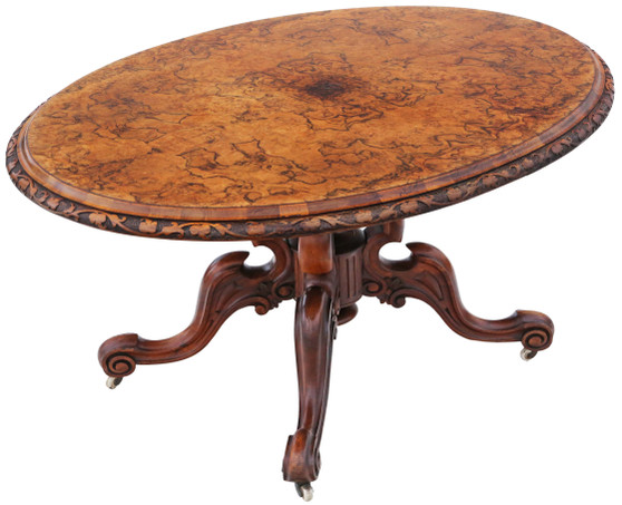 Antique fine quality 19th Century Victorian burr walnut oval loo breakfast table tilt top