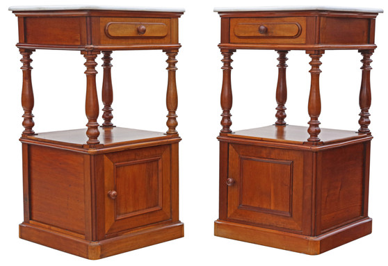 Antique fine quality pair of French walnut bedside tables cupboards marble tops C1920