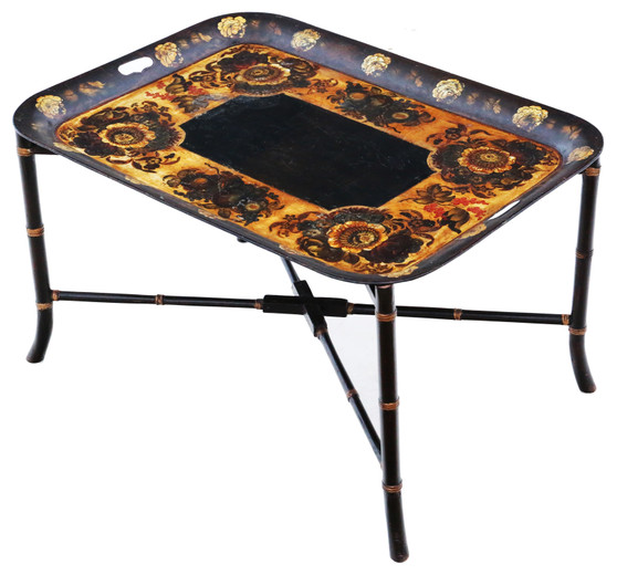 Antique quality Victorian 19th Century decorated black lacquer coffee table tray on stand