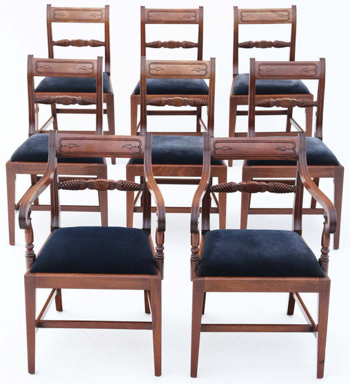 Antique fine quality set of 8 (6 plus 2) Regency mahogany dining chairs C1830