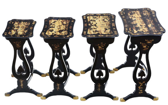 Antique fine quality Chinoiserie Boulle-work black lacquer nest of 4 19th Century tables