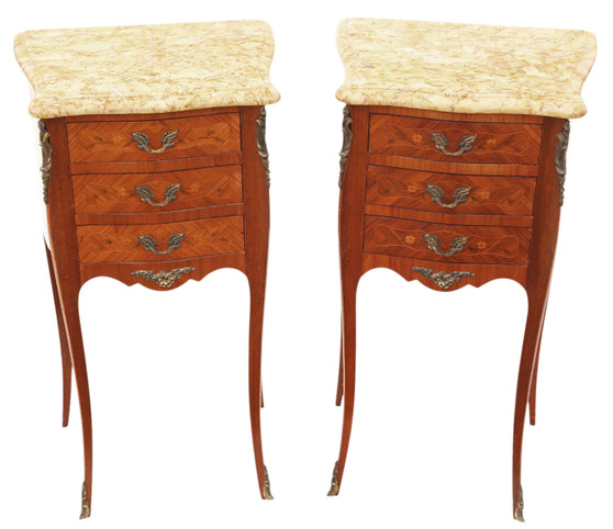Antique Pair Marquetry Bedside Tables with Marble Tops – Quality Nightstands, Early 20th Century (8737)