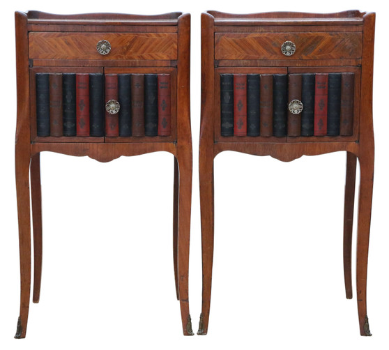 c.1930 Early 20th Century French Pair of Parquetry Bedside Tables / Nightstands – Multicoloured Book Facades, Fine Quality