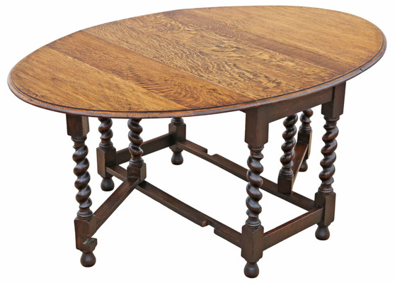 Antique c.1920 Oak Barley Twist Gateleg Drop-Leaf Dining Table – Large, Fine Quality