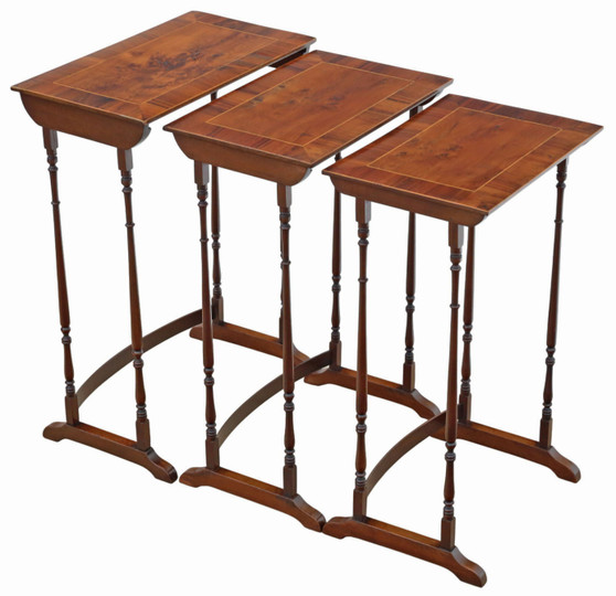 Antique 19th Century Mahogany Nest of 3 Tables – Yew Veneer Tops, Fine Quality