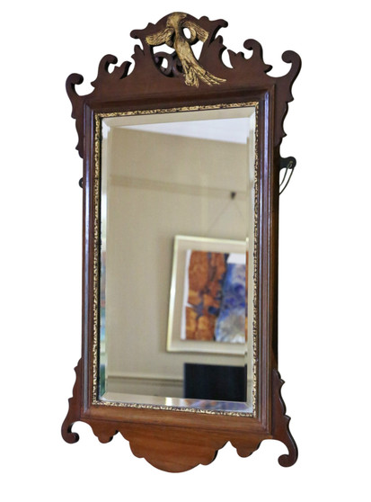 Antique c.1900 Georgian Revival Overmantle Wall Mirror – Fret-Cut Gilt & Mahogany, Bevel-Edged Glass