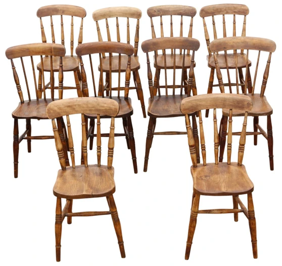 Antique Harlequin Set of 10 Victorian Elm & Beech Kitchen Dining Chairs – 19th Century, Quality Originals (8981 8982 8983 8984)