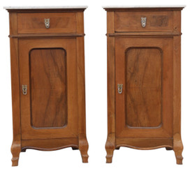 Antique c.1910 Pair of Cherry & Maple Bedside Tables with Marble Tops – Fine Quality Nightstands (8719)