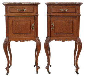 Antique c.1910 Oak Pair of Marble-Top Bedside Tables – Fine Quality Nightstands (8724)