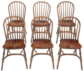 Antique Set of 6 Georgian Revival c.1920 Ash and Elm Windsor Kitchen Dining Chairs – Quality Craftsmanship (8717)