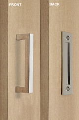 Barn Door Pull and Flush Rectangular Door Handle Set  (Polished Stainless Steel Finish) mockup on door