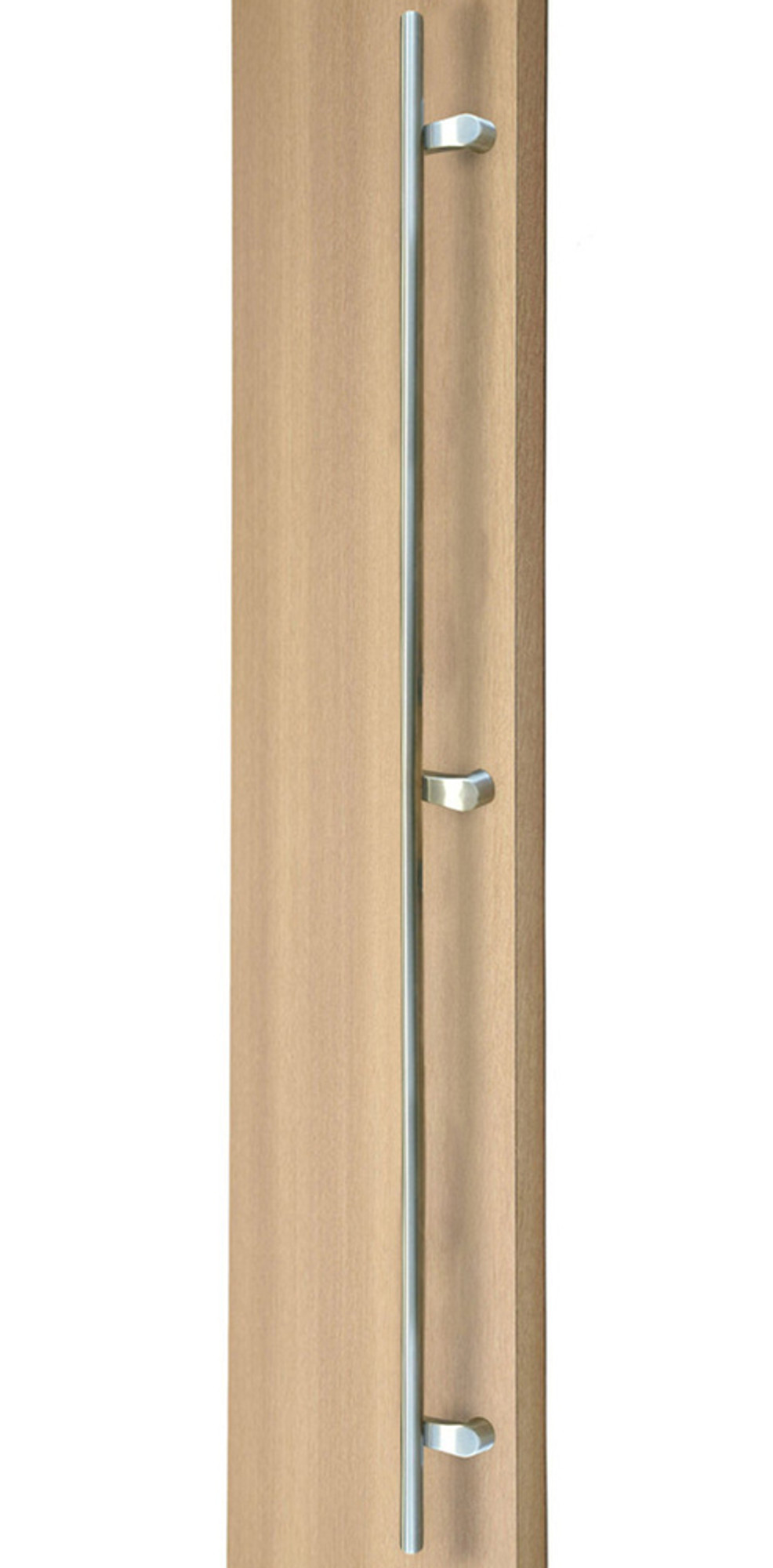 84 inch PostMount Offset Ladder Pull Handle with 3-hole mounting - Back-to-Back (Brushed Satin Stainless Steel Finish) mockup on door