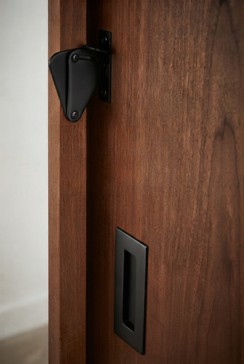Sliding Barn Door Latch (Black Powder Finish)  mockup on wood door