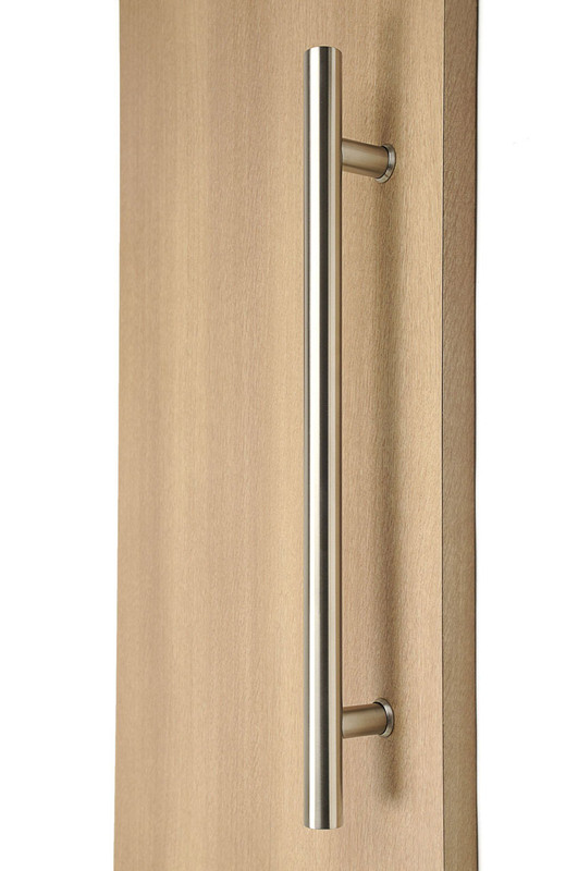Ladder Pull Handle - Back-to-Back (Brushed Satin Stainless Steel Finish) mockup on wood door