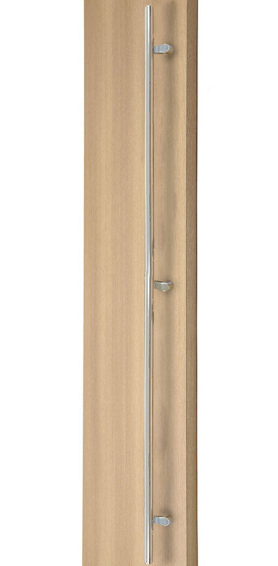 84 inch PostMount Offset Ladder Pull Handle with 3-hole mounting - Back-to-Back (Polished Stainless Steel Finish) mockup on door