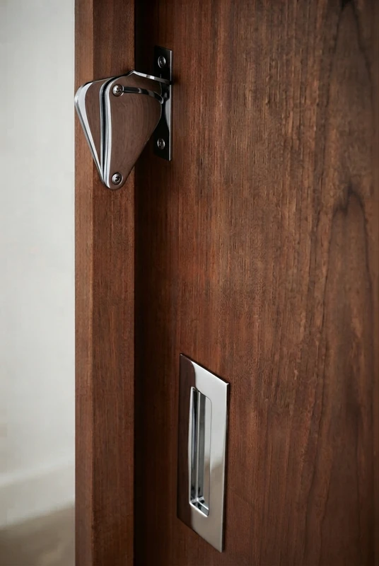 Sliding Barn Door Latch (Polished Finish) mockup on wood door