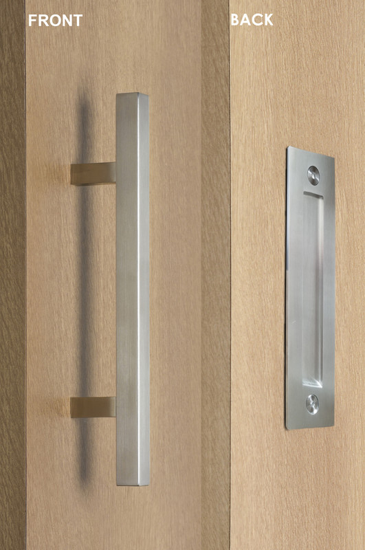Barn Door Pull and Flush Square Door Handle Set  (Brushed Satin Stainless Steel Finish) mockup on wood door