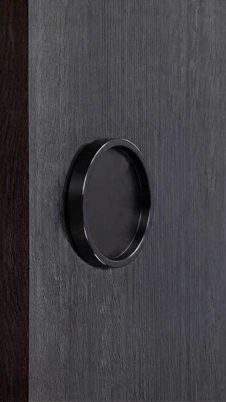 Round Handle Back-to-Back - 2.5" Diameter - For Wood and Glass Doors (Black Powder Stainless Steel Finish) mockup on wood door