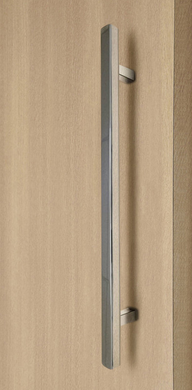 1" x 1" Square Ladder Pull Handle - Back-to-Back (Polished Stainless Steel Finish) mockup on wood door