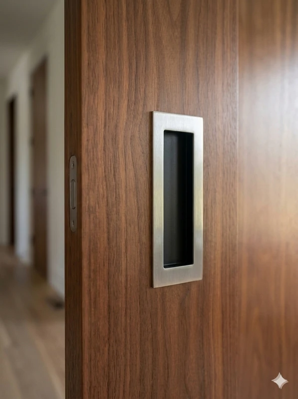 One-Sided 6-5/16" Pressure Fit Recess Pull Handle, Snap-In, for Wood Doors - Rectangular (Brushed Satin Stainless Steel) mockup on door