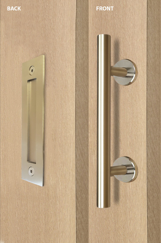 Barn Door Pull and Flush Tubular Door Handle Set (Satin Brass Stainless Steel Finish) mockup on door