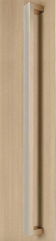 96" length, 1.5" x 1" Rectangular Pull Handle - Back-to-Back (Brushed Satin Stainless Steel Finish) mockup on wood door